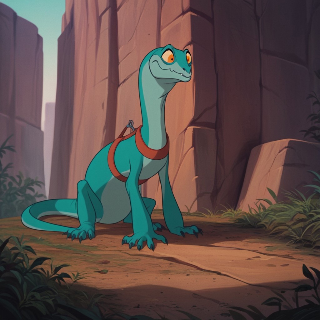 score_9, score_8_up, score_7_up, score_6_up, score_5_up, score_4_up, source_furry, joannardu, feral, female, lizard, green skin, orange eyes, yellow sclera, standing, outside, harness