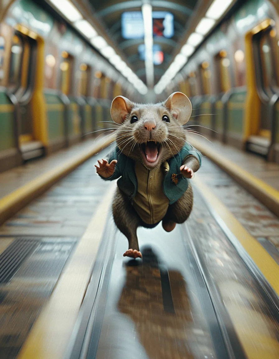 cinematic still midjourneylora, giant rat, running trough subway . emotional, harmonious, vignette, 4k epic detailed, shot on kodak, 35mm photo, sharp focus, high budget, cinemascope, moody, epic, gorgeous, film grain, grainy, cinematic still midjourneylora, giant rat, running trough subway . emotional, harmonious, vignette, highly detailed, high budget, bokeh, cinemascope, moody, epic, gorgeous, film grain, grainy
