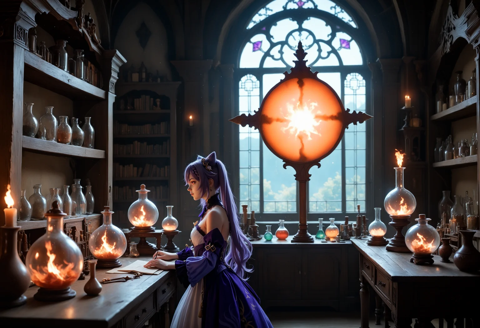 score_9, score_8_up, score_7_up, 1girl, magic, round bottom flask, scrolls, keqing_(genshin_impact), genshin_impact, purple_hair, purple_eyes, side view, crossed wrists, neon, burning sun, heatwaves, manga, 4lch3my_l4b.safetensors, <lora:4lch3my_l4b.safetensors:1.0>