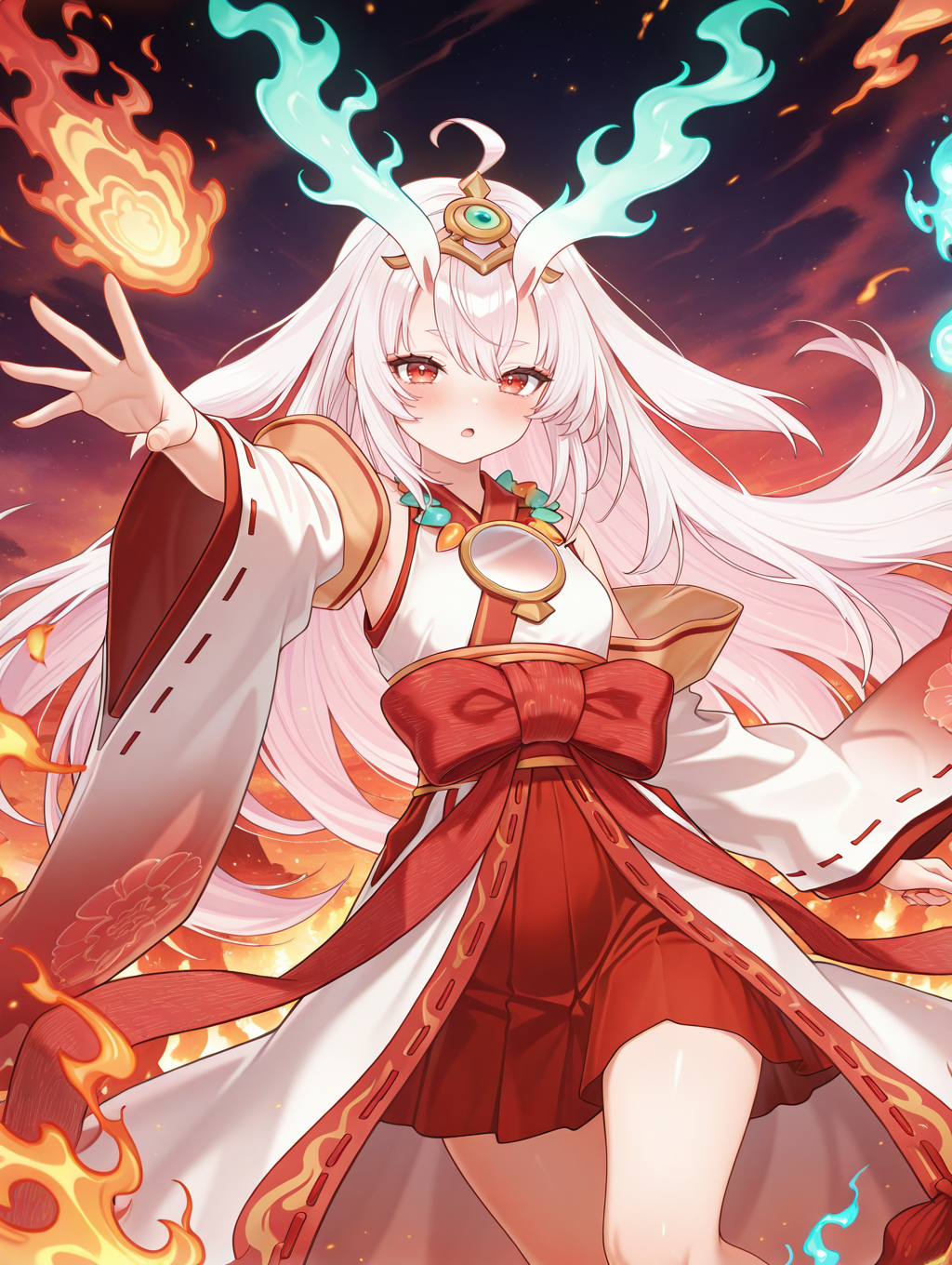 oni girl, kurikara divincarnate, 1girl, solo, looking at viewer, blush, pink hair, open mouth, white ribbon-trimmed sleeves, white sleeveless kimono, gold headpiece, mirror necklace, red bow, red hakama, blue fire, outstretched hand, fire
masterpiece,best quality,amazing quality,very aesthetic,absurdres,newest,<lora:Kurikara Divincarnate illuXL v1:0.84>,