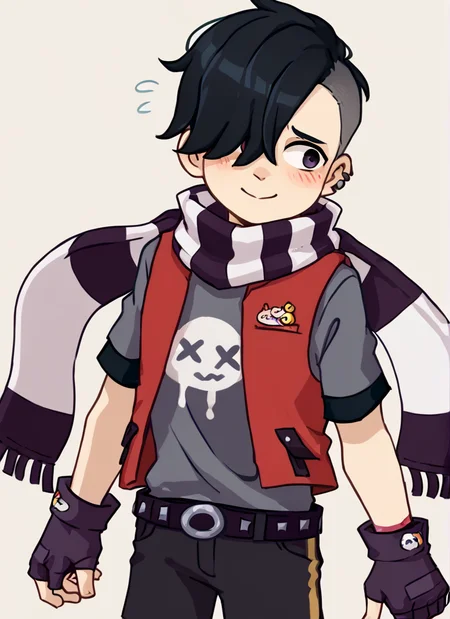 score_9, score_8_up, score_7_up, <lora:bsedgar:1> ear bsedgar , 1boy , short hair , black hair, hair over one eye,piercing, solo,striped scarf ,red vest , grey shirt, short sleeves, belt , black pants ,black gloves, fingerless gloves, blush, nervous smile, <lora:Yagi_the_Goat_Style:1>by s1120411