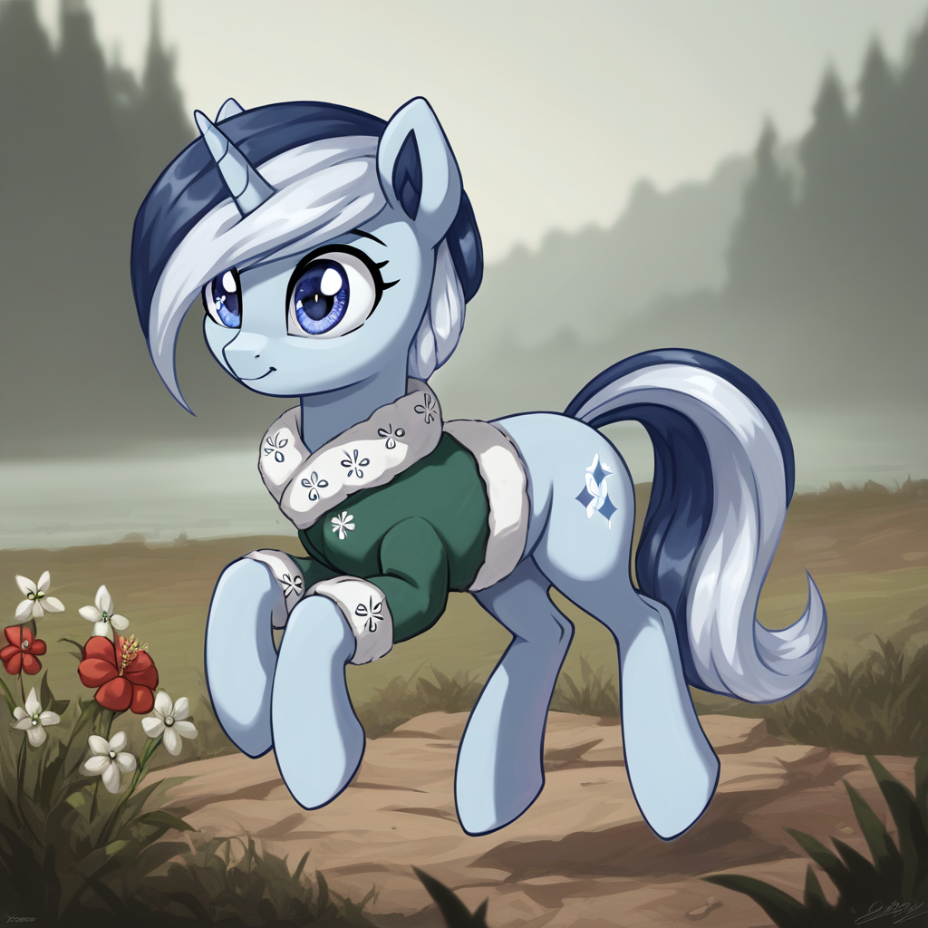 masterpiece, score_9_up, score_8_up, score_7_up, source_anime, (best quality:1.1), ultra-detailed, high resolution, 1character, river swirl, unicorn pony, cutie mark light blue skin, fluffy pony ears, horn, black and white mane, white black tail, feral, female, mare, green River Swirl clothing, (((beautiful detailed kornflower blue eyes eyes))), full body, dynamic pose, detailed background, outdoors, highly visible, (((8k))), from equestria at war, detailed outfit, extremely detailed, solo, cute face, chappy facial expression, perfect lighting, expressiveh