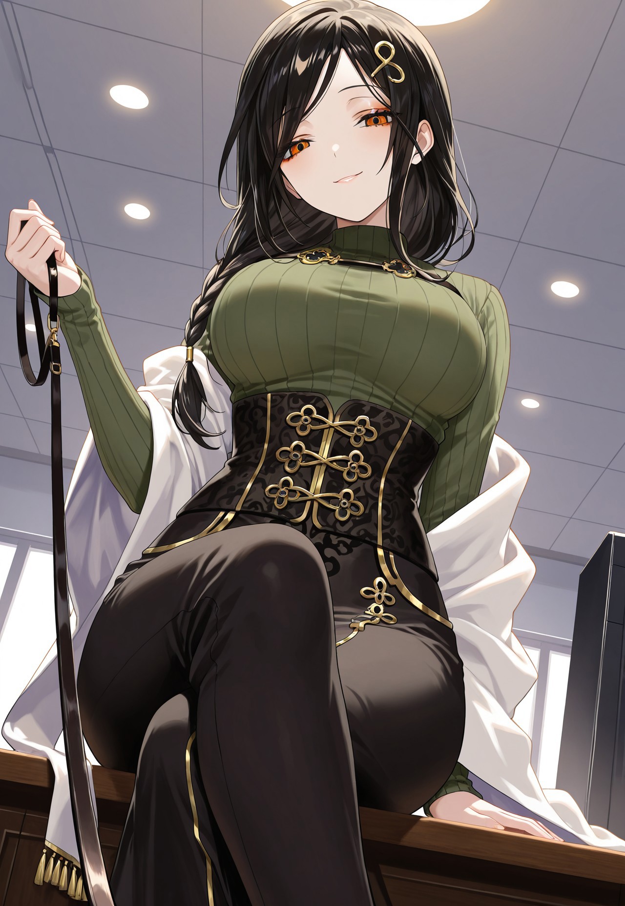 masterpiece, High quality, Ultra detailed, 2d, newest, absurdres, highres, indoors, office, from below, pov, 1girl, solo, sitting, on desk, legs crossed, holding leash, viewer on leash, looking down, looking at viewer, shadowed face, seductive smile, nijitomoe,large breasts,orange eyes,black hair,makeup,long hair,single braid,hair over sholuder,hair ornament, nijitomoecos,green sweater,ribbed sweater,long sleeves,gold trim,black corset,black skirt,long skirt,white shawl, 