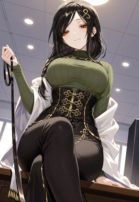 masterpiece, High quality, Ultra detailed, 2d, newest, absurdres, highres, indoors, office, from below, pov, 1girl, solo, sitting, on desk, legs crossed, holding leash, viewer on leash, looking down, looking at viewer, shadowed face, seductive smile, nijitomoe,large breasts,orange eyes,black hair,makeup,long hair,single braid,hair over sholuder,hair ornament, nijitomoecos,green sweater,ribbed sweater,long sleeves,gold trim,black corset,black skirt,long skirt,white shawl,