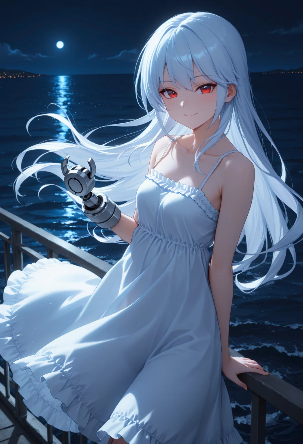 <lora:Char_KazamiKazuki:1>, red eyes, white hair, long hair, sidelocks,
white dress, sundress, bare shoulders, single mechanical arm,
wind, smile, looking at viewer, night, railing, ocean, against railing,, very awa, masterpiece, best quality, highres, absurdres