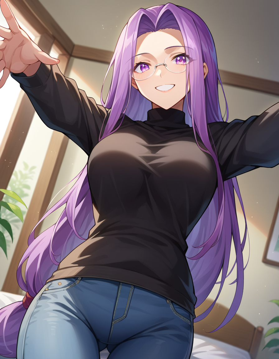 score_9, score_8_up, score_7_up, source_anime,
medusarider, <lora:medusa-rider-ponyxl-lora-nochekaiser:1>,
medusa rider, long hair, very long hair, purple hair, smile,
long sleeves, purple eyes, glasses, pants, sweater, turtleneck, denim, low-tied long hair, jeans, black sweater,
indoors, bed, bed room,
looking at viewer, cowboy shot, dutch angle, arm support, arms up, incoming hug, pov, reaching, reaching towards viewer,