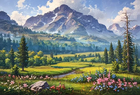 Forest landscape scene, steep mountain valley, lush green fields, small lumbermill, simon stalenhag, storm, dark clouds, windswept, stormy weather, complementary colors, ((Highest quality:1.0),(High resolution:1.0), (masterpiece:1.0), (ground level view:0.6, viewer looking up:0.6), beautiful and aesthetic:1.3), extreme detailed, colorful, highest detailed,((ultra-detailed)),(highly detailed CG illustration),,