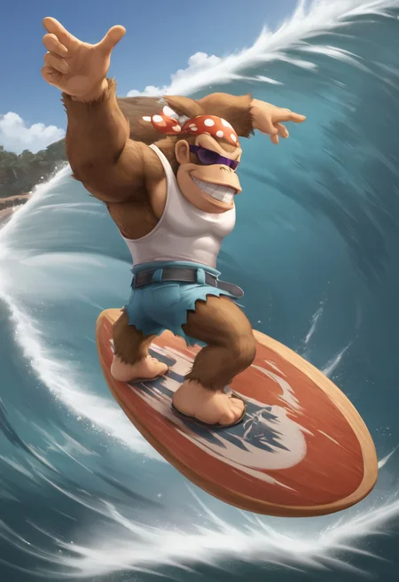 SFW, rating_all, score_10, score_8_up, score_7_up, beautiful, realistic, detailed, perfect, quality, vector, flat colors, masterpiece, dynamic, dynamic pose, funky_kong, gorilla, brown fur, furry arm, furry legs, white tank top, belt, denim shorts, insane detailed, (dynamic pose), (extreme angle), incrssurfing, surfing, (surfboard:0.8)