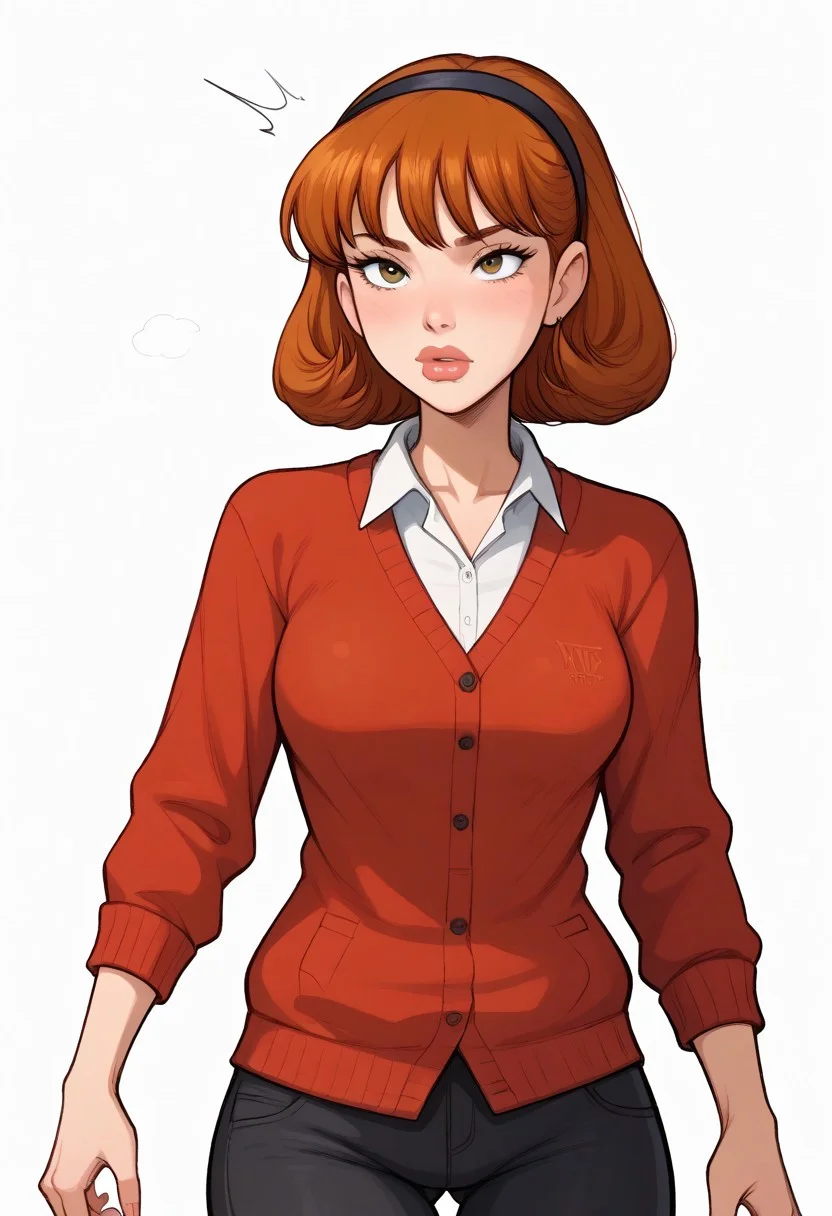score_9, score_8_up, score_7_up, detailed eyes, detailed body, ultra HD quality details, marker \(medium\),
Expressiveh, BREAK.
white background, (full body:0.3), front view, (angry:0.3), standing, solo, BREAK.
sharona, 1girl, hairband, breasts, lips, cardigan, blouse, blank pants,