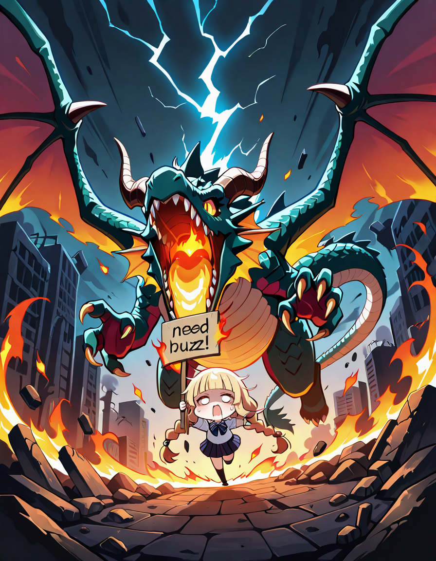 masterpiece,best quality,amazing quality,ultra detailed,very aesthetic,absurdres,motion_lines,speed_lines,motion_blur,dynamic_angle,cinematic_angle,remains,rubble_ruins,dark,fire effects,the effect of lightning,splashing,blonde hair,twin braids,blunt bangs,very long hair,large_wings,asymmetrical_wings,messy hair,flying,dragon_ wing,dragontail,dragon horn,chibi,sharp_fingernails,school_uniform,outstretched_arms,comes in the flames from your mouth,sweat,running,dragon,running away from dragon,<lora:NeedBuzz_sign_Illustrious:1>,need_buzz,dragon holding sign,bust,solo,