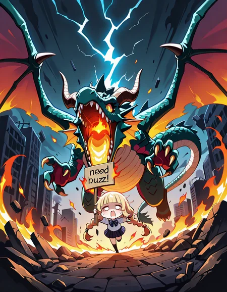 masterpiece,best quality,amazing quality,ultra detailed,very aesthetic,absurdres,motion_lines,speed_lines,motion_blur,dynamic_angle,cinematic_angle,remains,rubble_ruins,dark,fire effects,the effect of lightning,splashing,blonde hair,twin braids,blunt bangs,very long hair,large_wings,asymmetrical_wings,messy hair,flying,dragon_ wing,dragontail,dragon horn,chibi,sharp_fingernails,school_uniform,outstretched_arms,comes in the flames from your mouth,sweat,running,dragon,running away from dragon,<lora:NeedBuzz_sign_Illustrious:1>,need_buzz,dragon holding sign,bust,solo,