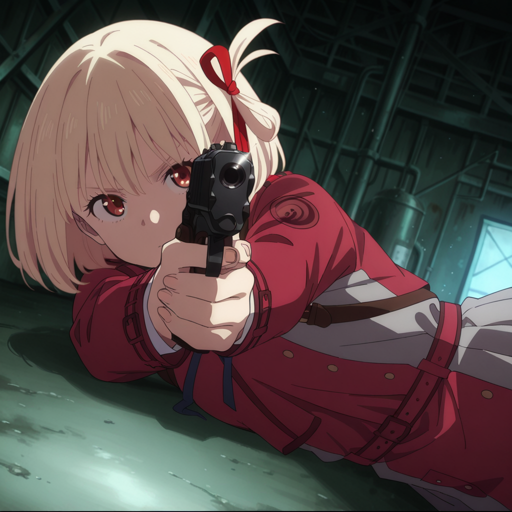 nsfw, masterpiece,best quality,amazing quality,1girl, solo, lycoris_recoil_chisato_nishikigi, blonde hair, lycoris uniform, lying from side, red eyes, red ribbon, hair ribbon, holding handgun, ribbon, short hair, holding, bangs, dress, red dress, aiming at viewer, m1911, two-tone dress, bob cut, looking at viewer, aiming, belt, factory, <lora:Chisato_Nishikigi_-_Lycoris_Recoil:0.7>