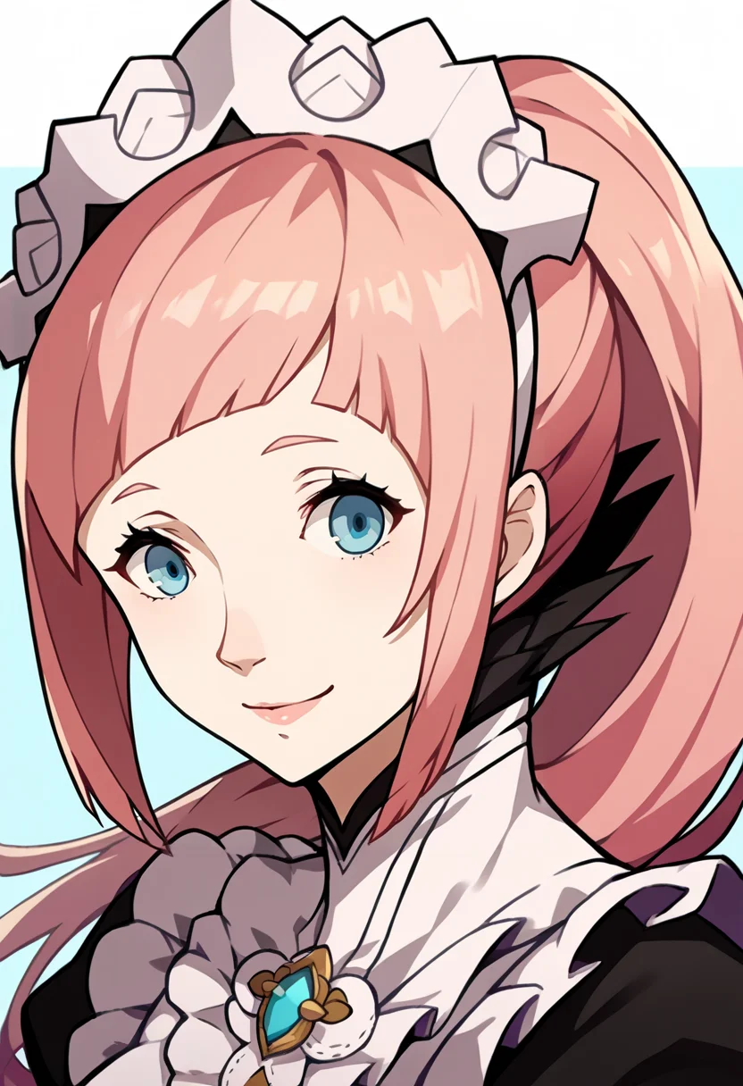 score_9, score_8_up, score_7_up, source_anime, BREAK, solo, 1girl, smile, looking at viewer, <lora:P5-Portraits-pdxl_Fp:1>, simple background, portrait, <lora:felicia-fe-richy-v2_pdxl:1>, flcdf, blue eyes, pink hair, long hair, ponytail, maid headdress, black feathered collar, maid, juliet sleeves, maid apron,