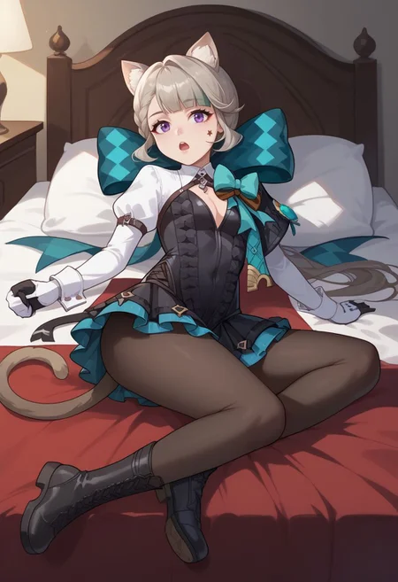 score_9, score_8_up, score_7_up, source_anime, 1girl, solo, lynettedef, purple eyes, grey hair, long hair, braid, small breasts, animal ears, animal ear fluff, cat girl, star (symbol), cat tail, hair bow, aqua bow, long sleeves, puffy sleeves, frills, black leotard, backless outfit, cleavage, black gloves, covered navel, black pantyhose, black footwear, boots, open mouth, lying, on back, on bed, paw pose, leg up, foot up, looking at viewer, indoors, bedroom, <lora:Lynette_v1-000010:1>
