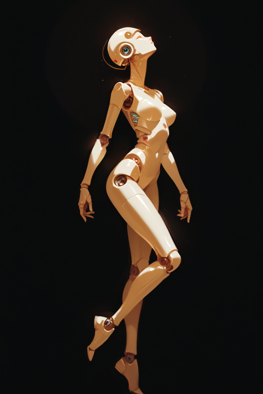 1girl, solo, full body, joints, breasts, standing, science fiction, robot, standing on one leg, black background, robot joints, humanoid robot, medium breasts, zPDXL3, detailxl,  Score_PnyReal, (lineless:1.5)