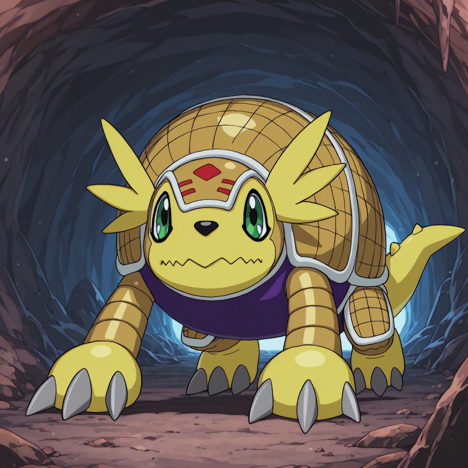 2d, solo, Digimon (creature), Armadillomon, armadillo, yellow fur, quadruped, green eyes, black nose, armor, shell, tail, claws, toe claws, tail spikes, three claws, purple underside, feral

BREAK sweat flying, worried, walking, inside, cave, rocks, looking around, dark environment 

BREAK best quality, amazing quality, very aesthetic, absurdres, newest