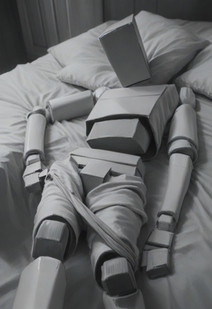 score_9, score_8_up, score_7_up, score_6_up,  highly detailed, realistic, cyberpunk,  BoxPerson, monochrome, greyscale, no humans, robot, mecha, humanoid robot, undressing, clothes lying around