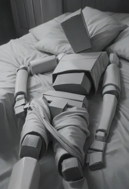score_9, score_8_up, score_7_up, score_6_up, highly detailed, realistic, cyberpunk, BoxPerson, monochrome, greyscale, no humans, robot, mecha, humanoid robot, undressing, clothes lying around