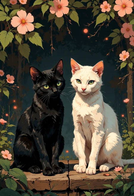 A beautifully balanced and serene composition featuring two cats sitting side by side. One is a sleek black cat with piercing green eyes, and the other is a pure white cat with gentle green eyes, both gazing directly at the viewer. The background is adorned with soft pink flowers and lush green leaves, creating a harmonious and natural setting. The lighting is warm and diffused, emphasizing the soft texture of the cats' fur and the delicate petals of the flowers. The scene captures a tranquil moment of coexistence between nature and animals, blending realism with a subtle artistic touch.