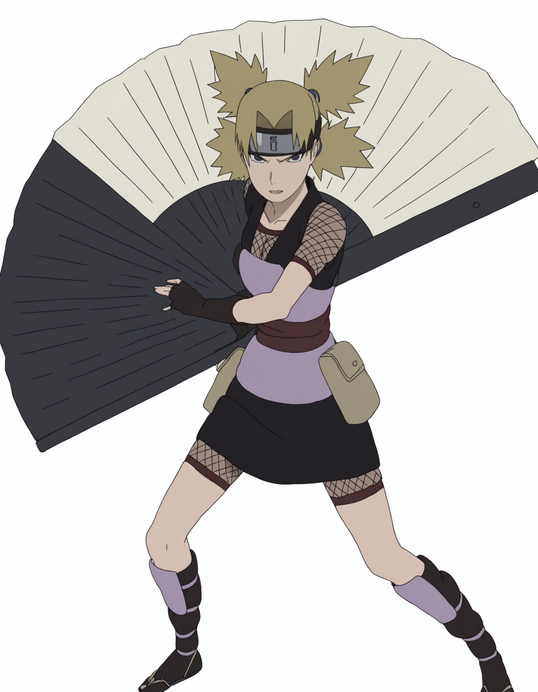 full body, solo, perfect composition, shadows, shading, <lora:anime_screencap-Illustrious:0.65> anime screencap, anime coloring, very aesthetic, absurdres, zPDXL, <lora:Pony_DetailV2.0:0.5> <lora:illustrious_quality_modifiers_masterpieces_v1:1>
<lora:Temari:1> temari, 1girl, quad tails, forehead protector, female focus, looking at viewer, serious, fierce expression, defined lips, posing, fighting pose, bent knees, holding fan, weapon, white fan, giant folding fan, hand fan, fan spread,
 shpdn_outfit, black vest, purple armor piece, pouch, gloves, fingerless gloves, fishnets, shin guards, boots
(white background:1.2),