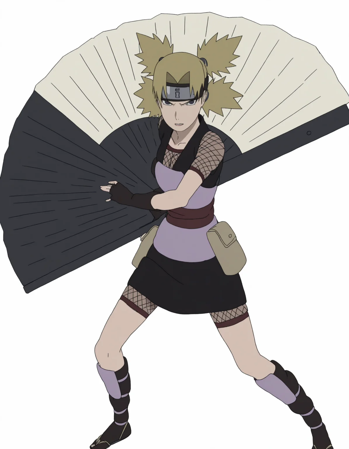 full body, solo, perfect composition, shadows, shading, <lora:anime_screencap-Illustrious:0.65> anime screencap, anime coloring, very aesthetic, absurdres, zPDXL, <lora:Pony_DetailV2.0:0.5> <lora:illustrious_quality_modifiers_masterpieces_v1:1>
<lora:Temari:1> temari, 1girl, quad tails, forehead protector, female focus, looking at viewer, serious, fierce expression, defined lips, posing, fighting pose, bent knees, holding fan, weapon, white fan, giant folding fan, hand fan, fan spread,
shpdn_outfit, black vest, purple armor piece, pouch, gloves, fingerless gloves, fishnets, shin guards, boots
(white background:1.2),