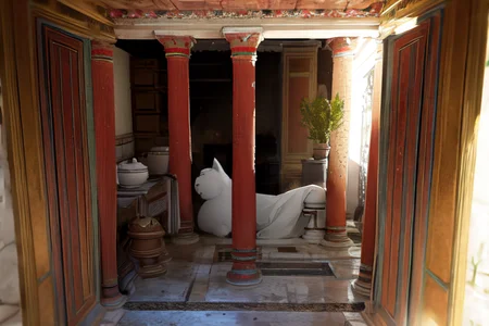 highly insanely detailed, masterpiece, top quality, best quality, highres, 4k, 8k, RAW photo, (very aesthetic, beautiful and aesthetic),  
Ancient Roman Interior Design,RomInt,ancient_roman_kitchen,terra_cotta_stove,spice_jars,klinai, 
<lora:RomanInterior-10:1>, 
(1girl:1.3), 
1other, 
, 
, 
(furry,anthro,Fluffy body:1.3),(Fluffy), 
gold background, 
,âââ