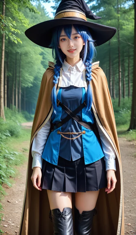 score_9, score_8_up, score_7_up,
<lora:P-Roxy:0.8> r0x7, 1girl, solo, blue eyes, blue hair, long hair, hair between eyes, bangs, twin braids, brown cape, witch hat, cape, pleated skirt, long sleeves, black skirt, small breasts, seductive smile, parted lips, eyelashes, standing, (cowboy shot, realistic, photorealistic), thigh boot, black thighhighs, forest background,
,glistening skin, <lora:shinyskin2:0.5>,
masterpiece, expressiveh, <lora:Expressive_H:0.3>