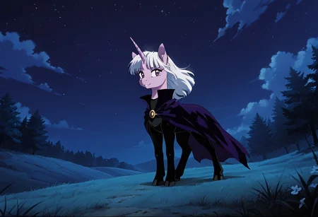 score_9, score_8_up, score_7_up, anime screencap, BREAK, Twilight Sparkle, a purple unicorn with purple eyes and white mane and tail, source_feral, cloak, outdoors, night sky, night, black leotard, source_anime, retro anime style