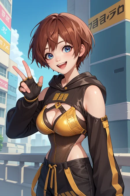score_9, score_8_up, score_7_up, score_6_up, source_anime, 1girl, solo <lora:sblily-pdxl-nvwls-v1-000005:1> sblily, brown hair, short hair, blue eyes, leotard, cleavage, black sleeves, hood down, bare shoulders, long sleeves, black pants, fingerless gloves, happy, looking at you, big breasts, city, blue sky, upper body