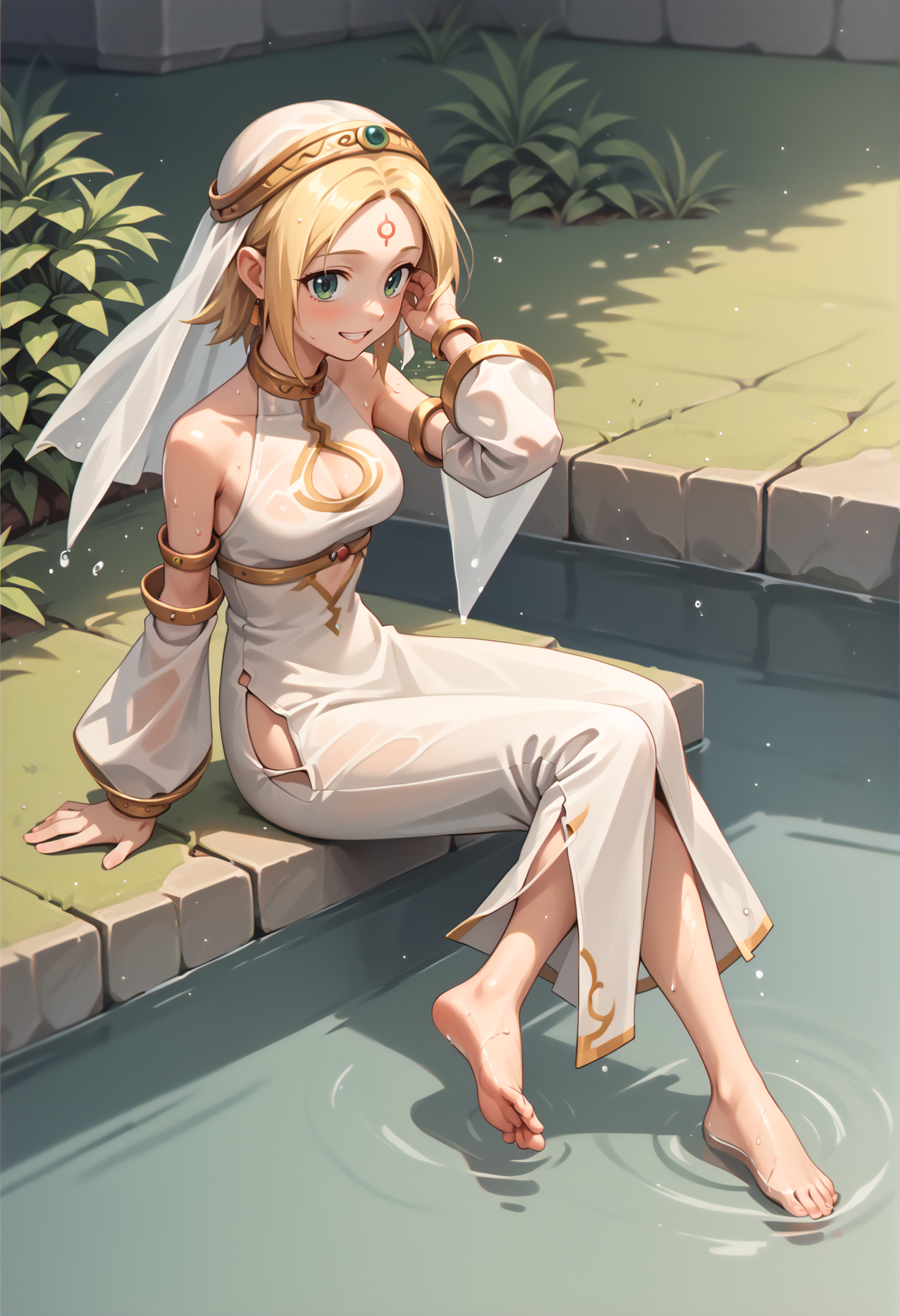 1girl, short hair, blonde hair, forehead, forehead mark, circlet, veil, white dress, clothing cutout, detached sleeves, silver armlet, jewelry, side slit, barefoot, wet, sitting, submerged feet, hand on hair, from side, looking to the viewer, smile, teeth, blushing  <lora:Fina_Skies_of_Arcadia_XL:1>, score_9, score_8_up, score_7_up, score_6_up, score_5_up, score_4_up, BREAK source_anime, masterpiece