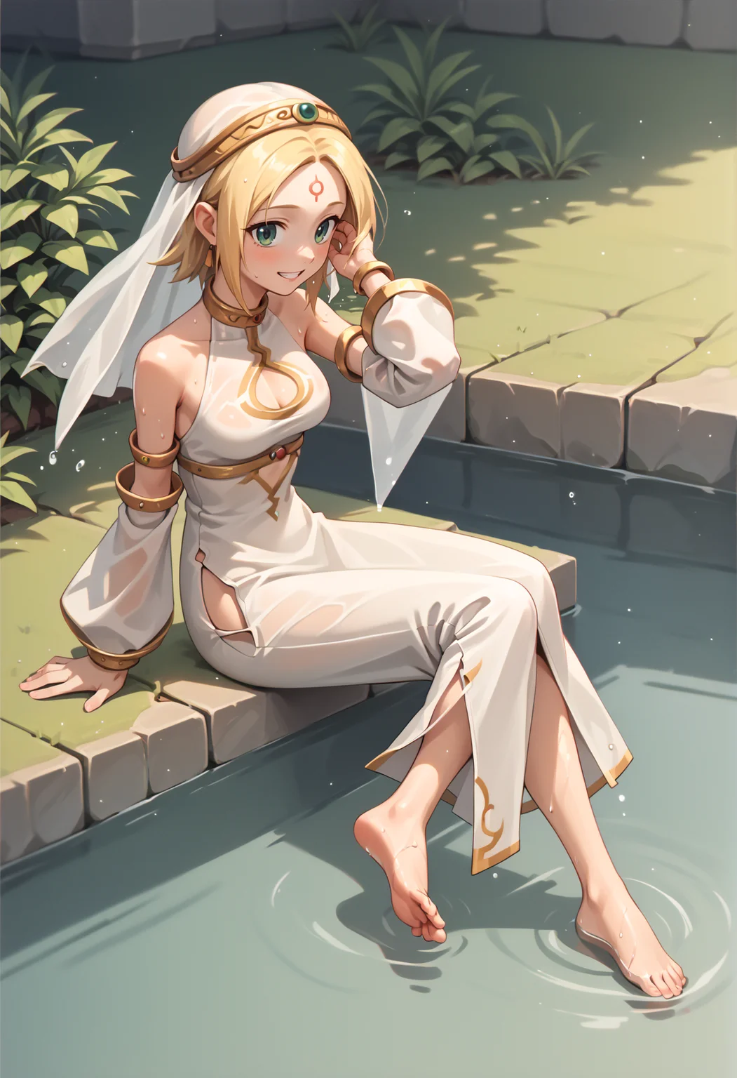 1girl, short hair, blonde hair, forehead, forehead mark, circlet, veil, white dress, clothing cutout, detached sleeves, silver armlet, jewelry, side slit, barefoot, wet, sitting, submerged feet, hand on hair, from side, looking to the viewer, smile, teeth, blushing <lora:Fina_Skies_of_Arcadia_XL:1>, score_9, score_8_up, score_7_up, score_6_up, score_5_up, score_4_up, BREAK source_anime, masterpiece