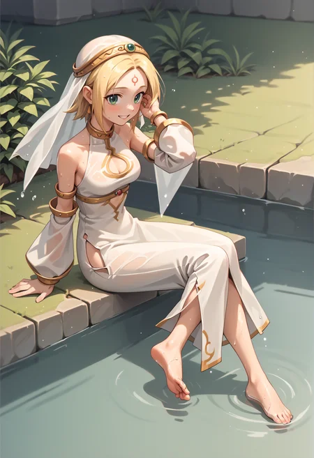 1girl, short hair, blonde hair, forehead, forehead mark, circlet, veil, white dress, clothing cutout, detached sleeves, silver armlet, jewelry, side slit, barefoot, wet, sitting, submerged feet, hand on hair, from side, looking to the viewer, smile, teeth, blushing <lora:Fina_Skies_of_Arcadia_XL:1>, score_9, score_8_up, score_7_up, score_6_up, score_5_up, score_4_up, BREAK source_anime, masterpiece