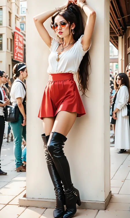 score_9, score_8_up, score_7_up, lewaru, (slim 25yo girl) is leaning against column with both arms up in a crowded pub. red short skirt and white blouse, black (thigh high boots), necklace, long brunette ponytail
<lora:LeanWithArmUpPony:1>