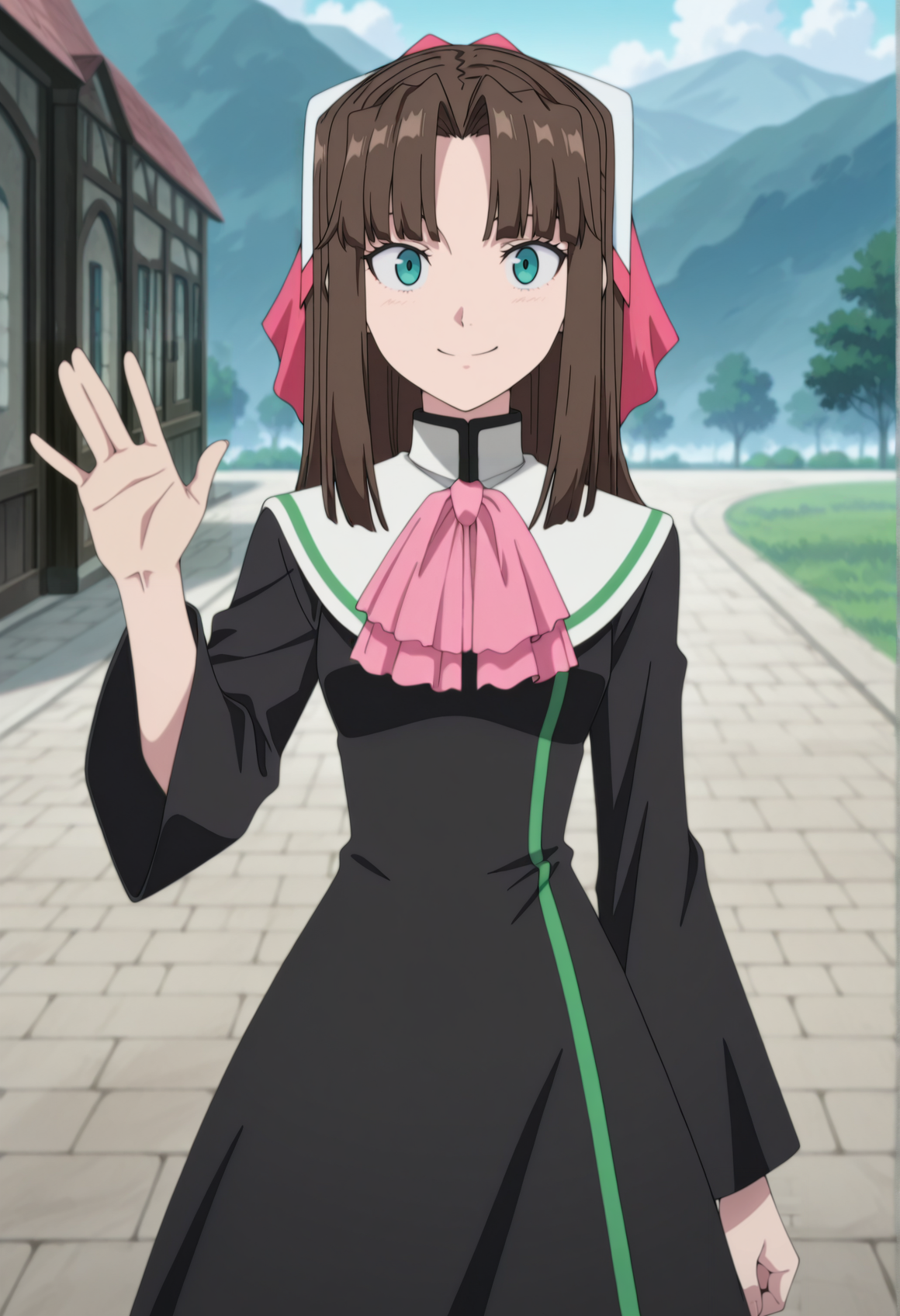 anime screenshot, anime screencap, anime coloring, 1girl, brown hair, aqua eyes, hair ribbon, sidelocks, black tunic, white collar, pink ascot, outdoors, gardent, looking at viewer, smile, cowboy shot, waving <lora:Maria_seikishi:1>, masterpiece, best quality, amazing quality, very aesthetic, absurdres, highres, newest