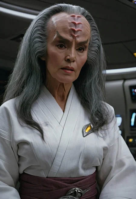 old Klingon female, flashing her breasts and nipples, grey hair, 8k, high resolution, cinematic scene, on a spaceship, white cotton kimono style uniform, kimono open clothes in the front exposing her breasts, very detailed face, detailed eyes, matching eyeballs++, detailed irises, dark lighting, dark hair, (mouth closed).