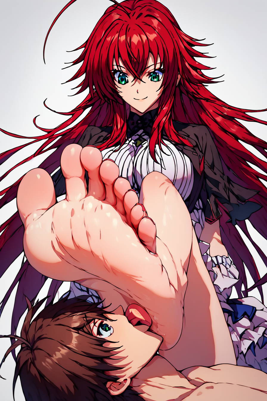 core_9, score_8_up, score_7_up, score_6_up, score_5_up, score_4_up, <lora:rias-gremory-ponyxl-lora-nochekaiser:0.8>, rias gremory, huge ahoge, long hair, hair between eyes, green eyes, red hair, <lora:foot_worship:1>, 1girl, 1boy, feet, barefoot, toes, toenails, legs, licking foot, foot worship, femdom, giant feet, looking down, masterpiece, highres, highly detailed face, highly detailed shining eyes, symmetrical highly detailed eyes, simple background