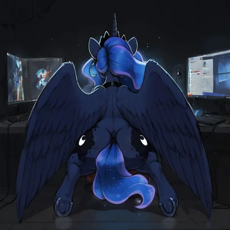 score_9, score_8_up, score_7_up, score_6_up, Princess Luna \(mlp\), pony, dark theme, in the gamer room, detailed, glow from computer screen, hooves up, huge wings, aerozerorisk, rearshot closeup, long tail, big butt