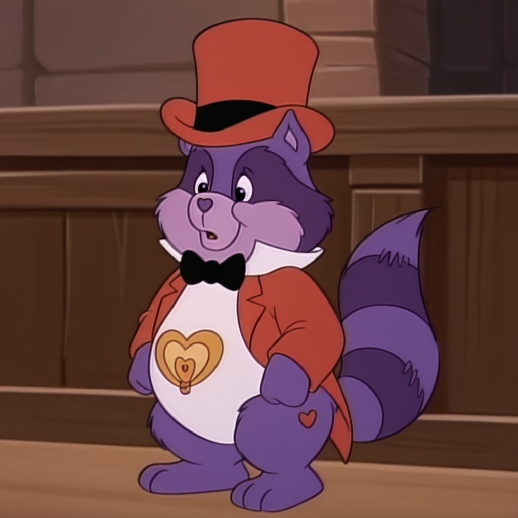 masterpiece, best quality, amazing quality,  brighthrtilv2, semi-anthro, male, raccoon_boy, purple fur, black eyes, tail, tummy symbol, red top hat, red jacket, white collar, black bowtie, standing, outside