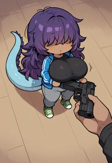 (masterpiece,best quality:1.4),Doompy,Expressiveh,score_9, score_8_up, score_7_up,cartoon style,1 girl,dark skin,hair over both eyes,purple hair,fluffy hair,long hair,blue Reptile tail,hyper breasts,round breasts,black shirt,blue jacket,gray pants,green shoes,holding gun,chibi,Go do a crime