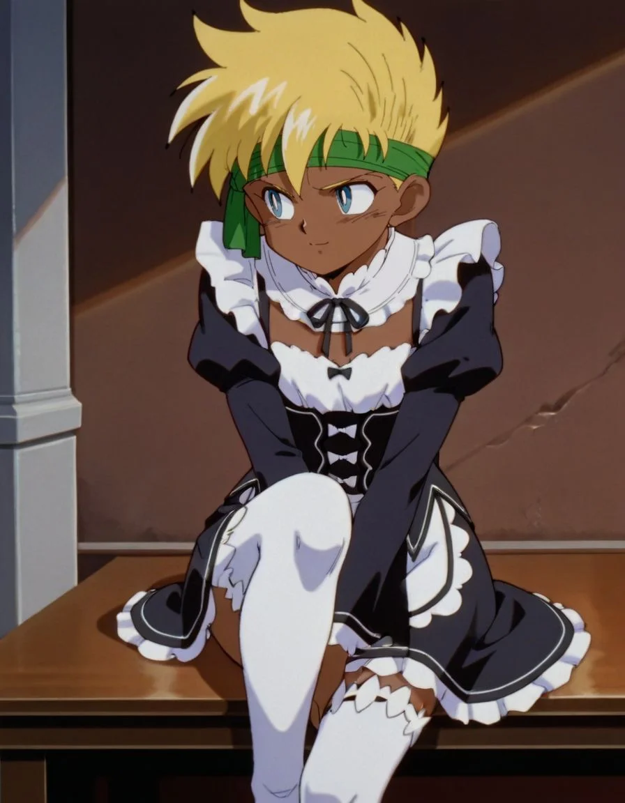 masterpiece, best quality, standing, 1boy, male focus, looking away, blushing, shy, light smile, solo, sitting, leg on own leg,
<lora:J:1>, Ja1, blue eyes, dark skin, blonde hair, headband, retro artstyle, (roswaal mansion maid uniform:1.2),