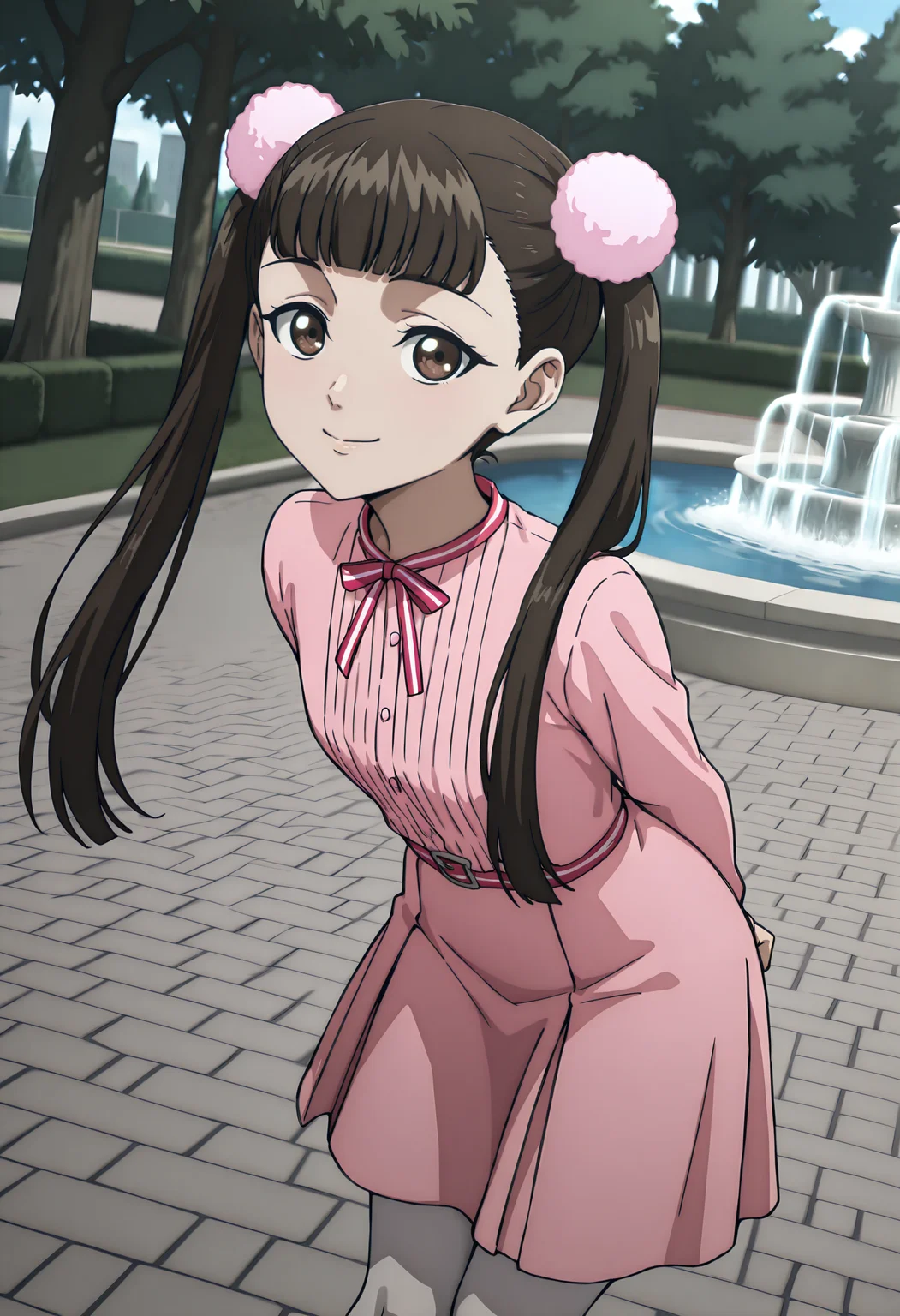 best quality, amazing quality, perfect quality, high quality, masterpiece, absolutely eye-catching BREAK
<lora:Migi_to_Dali_-_Karen_Ichijo:1> MigiKaren, brown eyes, brown hair, long hair, blunt bangs, pom pom hair ornament, twintails BREAK
pink dress, white pantyhose, white mary janes BREAK
outdoors, park, trees, fountain, arms behind back, leaning forward, smile, looking at viewer, dutch angle, cowboy shot, from above