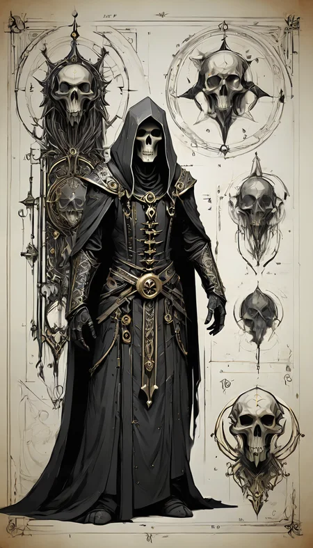 sketch_sheet, a drawing of Necromancer, ((black and white:1.5)), (paper background:1.5) golden ratio, detailed, sharp focus, intricate, still, dynamic, full color, attractive, cinematic, highly saturated colors, surreal, open intriguing, very inspirational, glowing, magical, thought fascinating, creative, positive, unique <lora:sketches-sdxl:1>