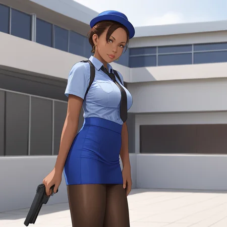 <lora:shevare5_pony_v1:0.81>shevaalomar, 1girl, solo, large breasts, (dark-skinned female:1.5), dark skin, brown hair  lips, earrings, short hair, cowboy shot,  <lora:0820 tokisaki kurumi policewoman fan costume_v1_pony:1> ruanyi0820,black necktie,blue hat,blue shirt,blue skirt,black pantyhose,short sleeves,skirt