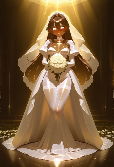 , , masterpiece, best quality, very aesthetic, absurdres, 
  shiny skin, thick black lineart, perfect face, 
1=2, , ,
1girl, full body, [dark-skinned bride: rich mahogany skin glowing against white], [long flowing brown hair with delicate veil], [cross-shaped pupils in white eyes], [puffy-sleeved wedding dress holding cherry bouquet], [hair between eyes with soft intakes framing face], [blush of nervous joy], [golden light filtering through bridal veil], medium breast