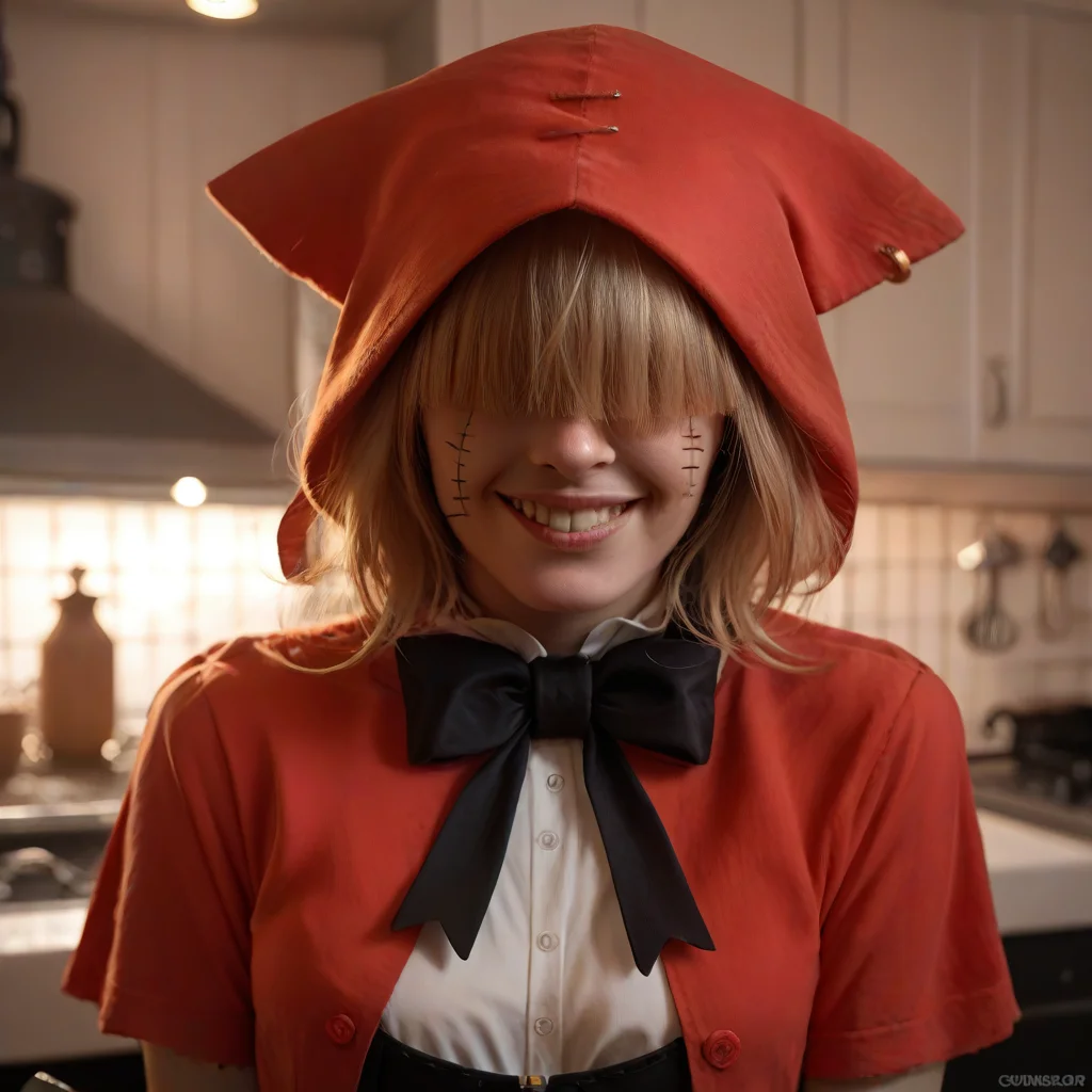 score_9, score_8_up, score_7_up, score_6_up, score_5_up, score_4_up, rating_safe,photo,cinematic,realistic,1girl,solo,chaperomon,upper body,hair over eyes,stitches,grin,holding kinfe,indoors,kitchen,zPDXLrl, zPDXL2, <lora:ChaperomonPony:0.95>