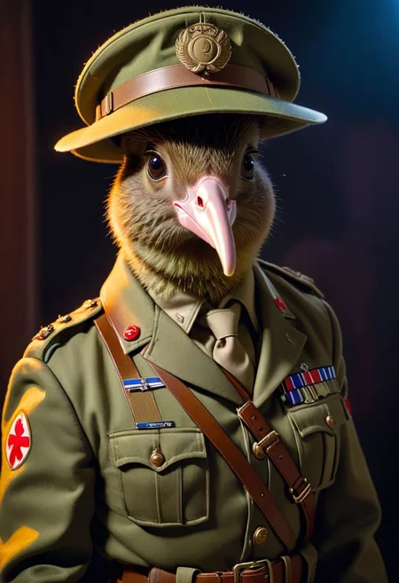 Photo of a kiwi dressed as ANZAC soldier, art by J.C. Leyendecker, Canon 5d Mark 4, Kodak Ektar, neon light