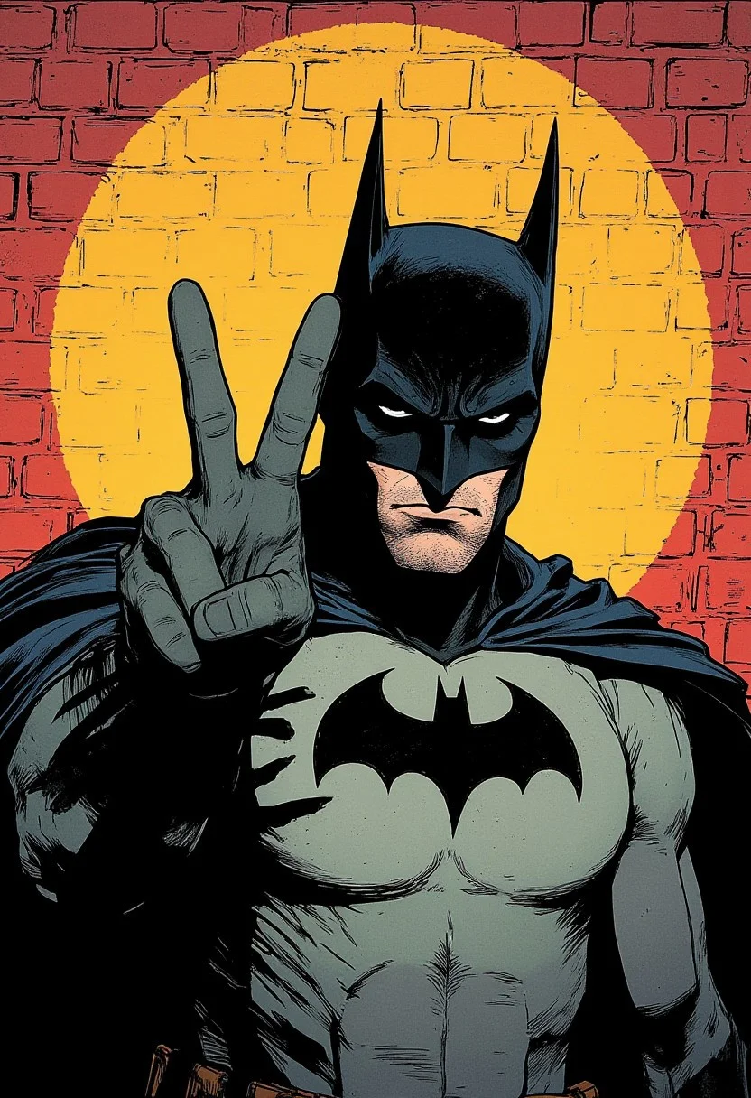 Comic book illustration of Batman doing a peacesign. Background of a brick wall