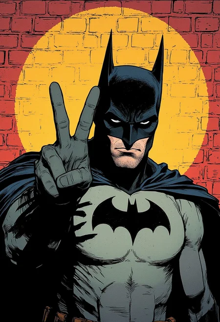 Comic book illustration of Batman doing a peacesign. Background of a brick wall