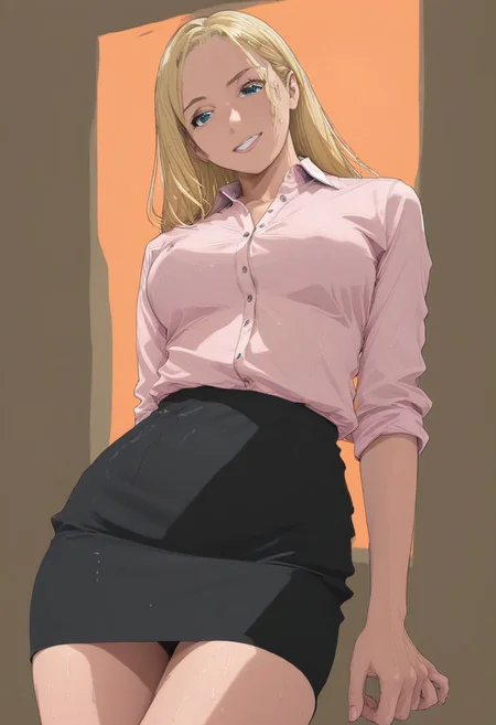 Beautiful sketch, anime, SK3, minimalist, simple drawing, simple shadows, a female model, blonde hair, wearing a button-up and black skirt, in a office, low-angle view, smiling, wet, pink and orange lighting, drawing