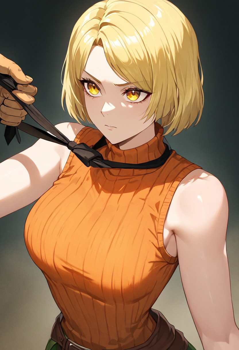masterpiece, best quality, newest, absurdres, highres, anime, anime style,
TPOOF-V1.0, Tie puller out of frame, necktie grab, neckwear grab, 
solo, solo focus, female focus, 
1girl, ashley graham \(resident evil\), blonde, orange shirt, blonde hair, orange sweater, sleeveless, sleeveless sweater, sleeveless tutrleneck, turtleneck, short hair, curtained hair,